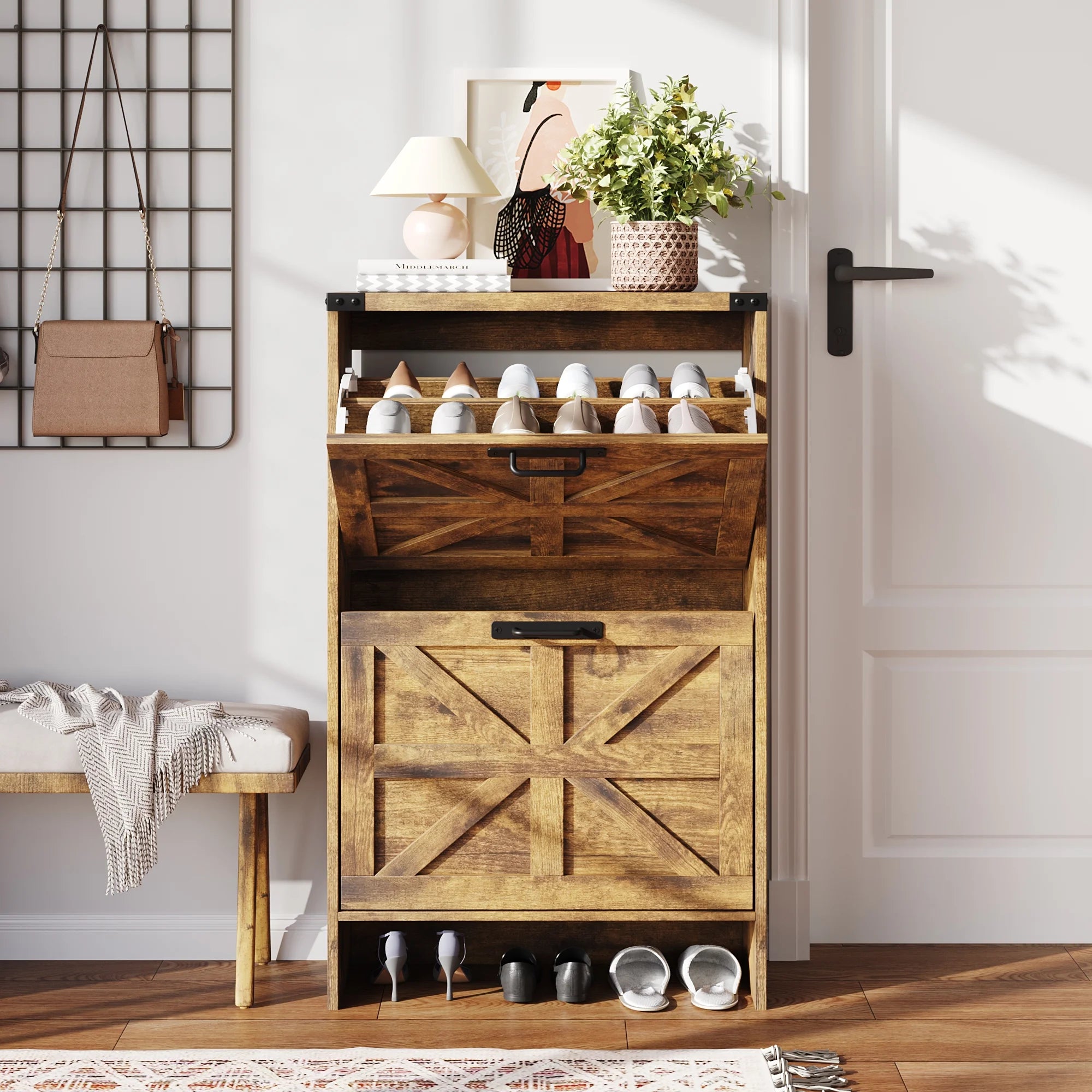 VEANERWOOD Shoes Storage Cabinet with Doors, Farmhouse Shoe Cabinet with 2 Flip Drawers for Entryway, Gray