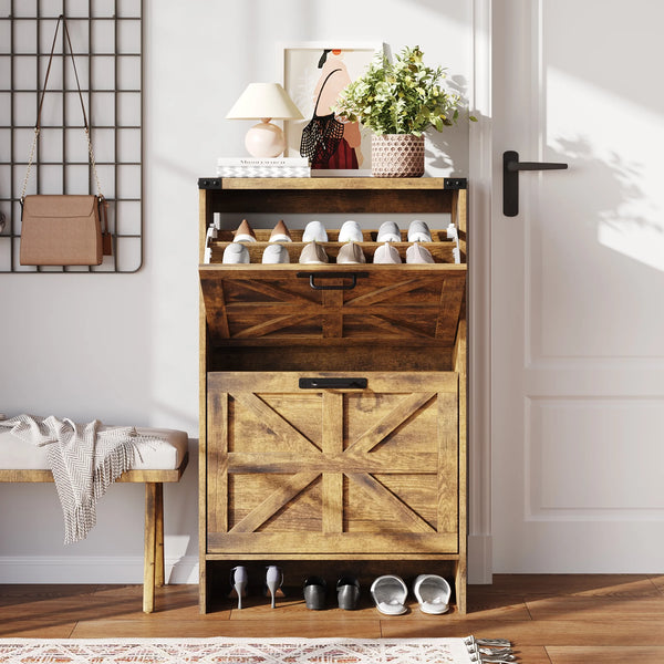 VEANERWOOD Shoes Storage Cabinet with Doors, Farmhouse Shoe Cabinet with 2 Flip Drawers for Entryway, Gray
