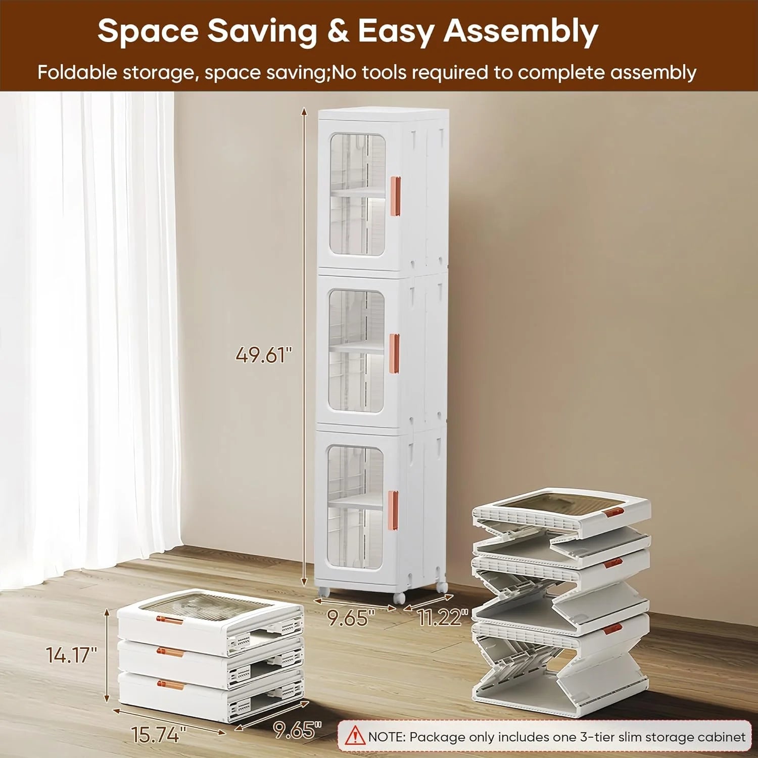 Slim Kitchen Pantry Storage Cabinet with Doors and Shelves, 3 - Tiers Plastic Narrow Storage Organizer Collapsible for Small Spaces, Bathroom, Living Room, Bedroom, White