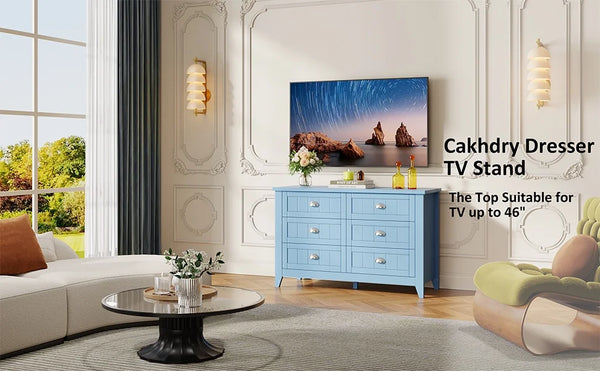6 Drawer Dresser, Light Blue Elegant Chest of Drawers, Large Cabinet with Storage, Rustic Wood Chest of Drawers for Bedroom, Living Room, Hallway