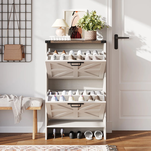 VEANERWOOD Shoes Storage Cabinet with Doors, Farmhouse Shoe Cabinet with 2 Flip Drawers for Entryway, Gray