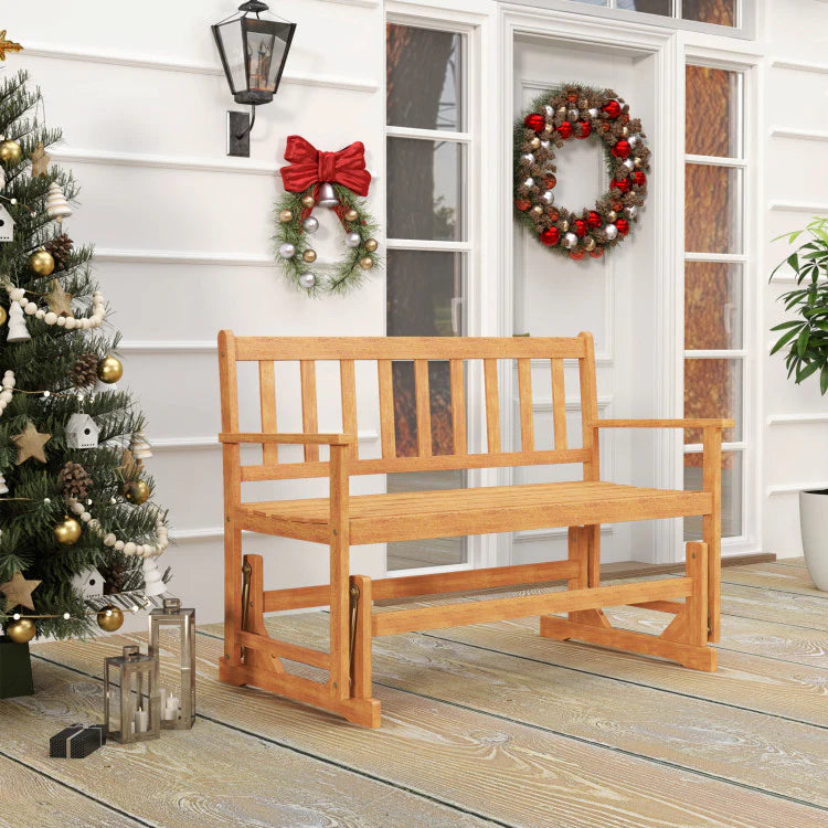 2-Person Patio Glider Bench, Solid Acacia Wood Porch Glider Chair with Slatted Backrest & Seat, Outdoor Glider Loveseat for Balcony Poolside Garden