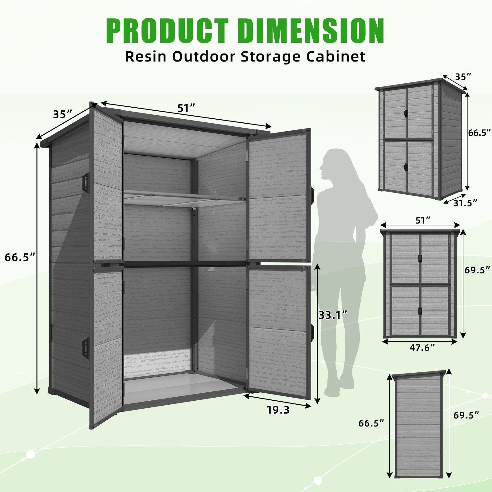 AECOJOY 58 Cu.Ft Resin Outdoor Storage Cabinet Waterproof with Shelves, Dark Gray