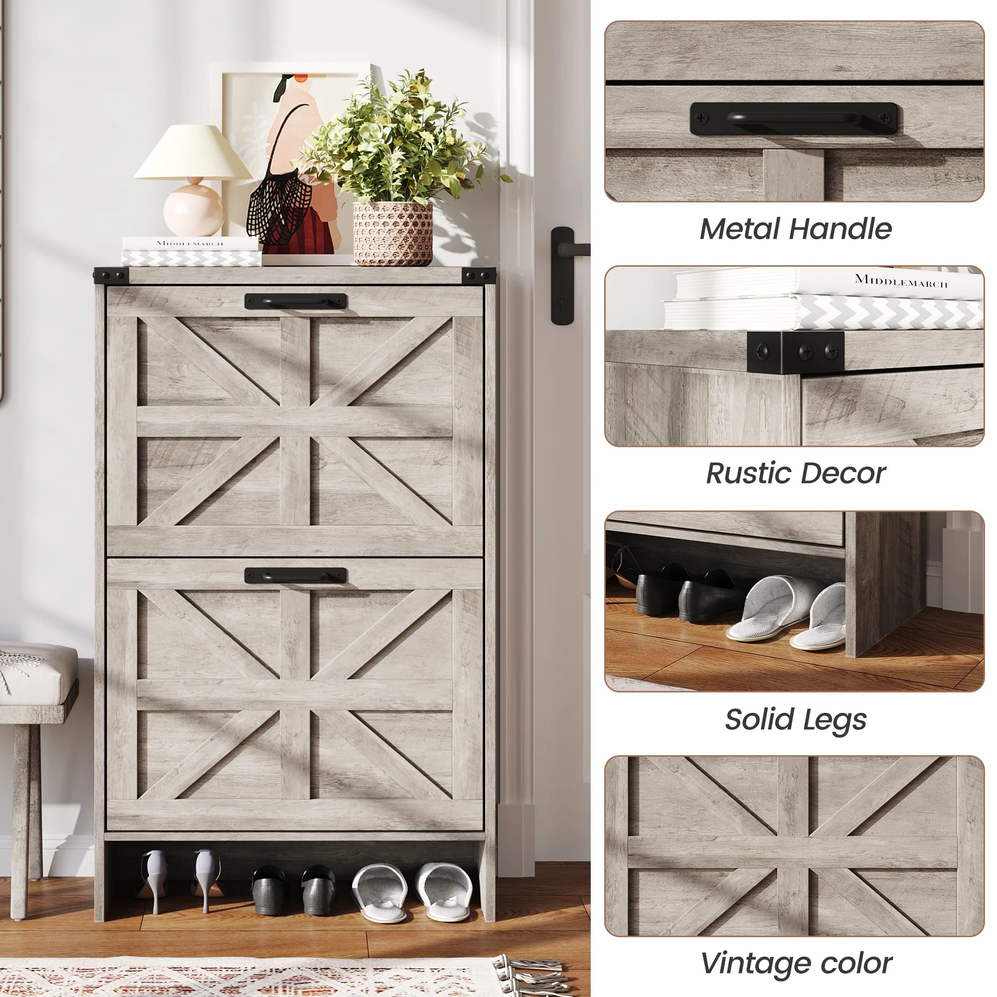 VEANERWOOD Shoes Storage Cabinet with Doors, Farmhouse Shoe Cabinet with 2 Flip Drawers for Entryway, Gray
