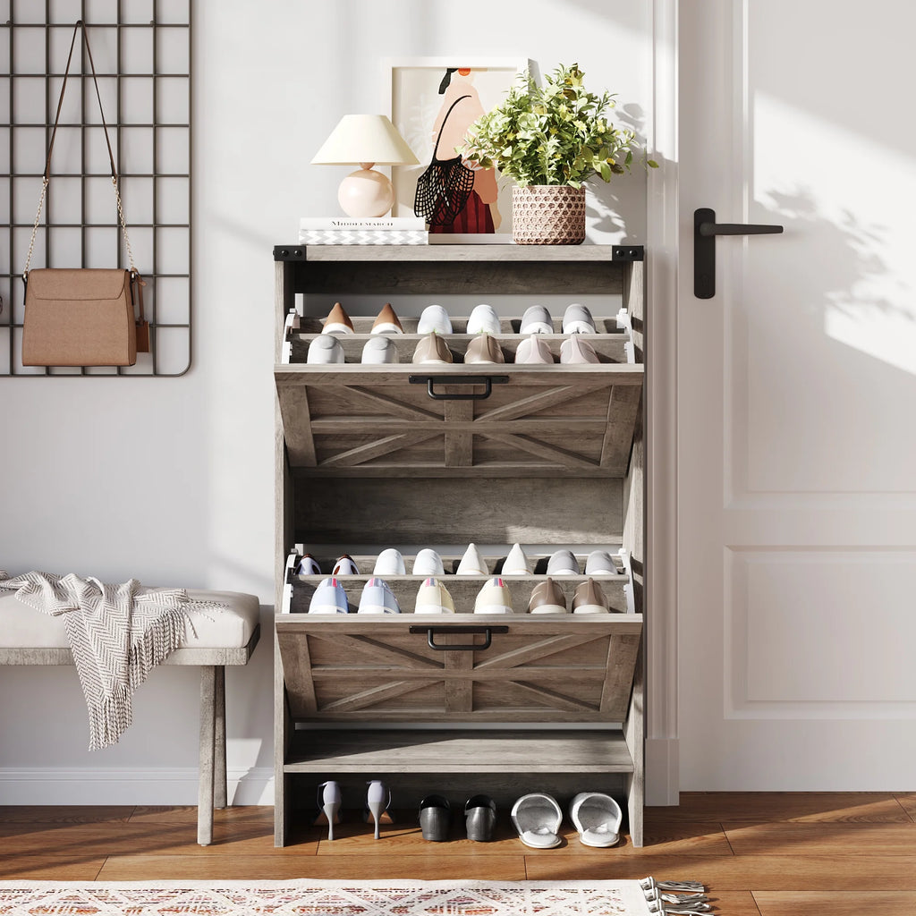 VEANERWOOD Shoes Storage Cabinet with Doors, Farmhouse Shoe Cabinet with 2 Flip Drawers for Entryway, Gray