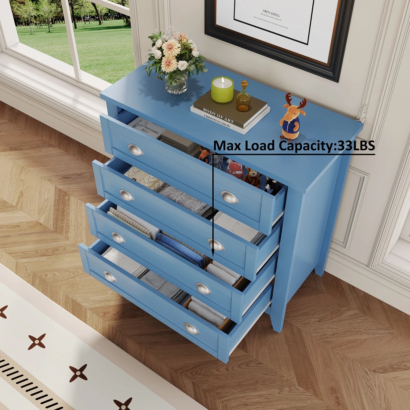 6 Drawer Dresser, Light Blue Elegant Chest of Drawers, Large Cabinet with Storage, Rustic Wood Chest of Drawers for Bedroom, Living Room, Hallway