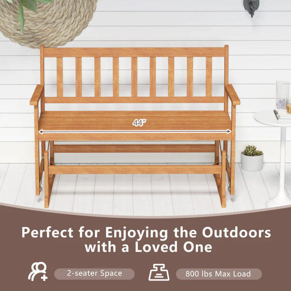 2-Person Patio Glider Bench, Solid Acacia Wood Porch Glider Chair with Slatted Backrest & Seat, Outdoor Glider Loveseat for Balcony Poolside Garden