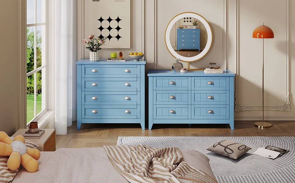 6 Drawer Dresser, Light Blue Elegant Chest of Drawers, Large Cabinet with Storage, Rustic Wood Chest of Drawers for Bedroom, Living Room, Hallway