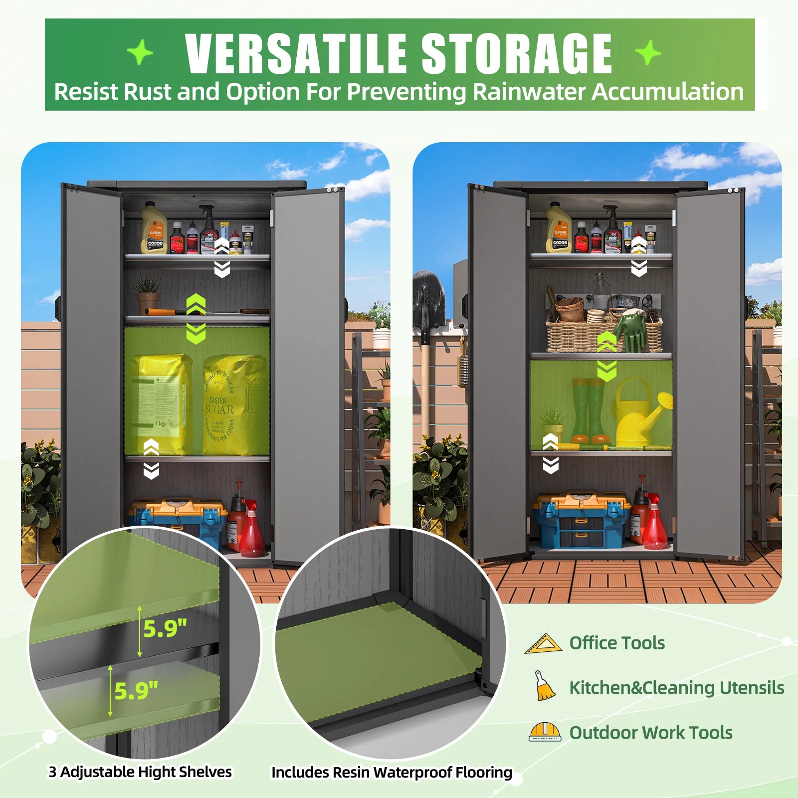 AECOJOY Tall Resin Outdoor Storage Cabinet Waterproof with Adjustable Shelves, Vertical Plastic Storage Shed