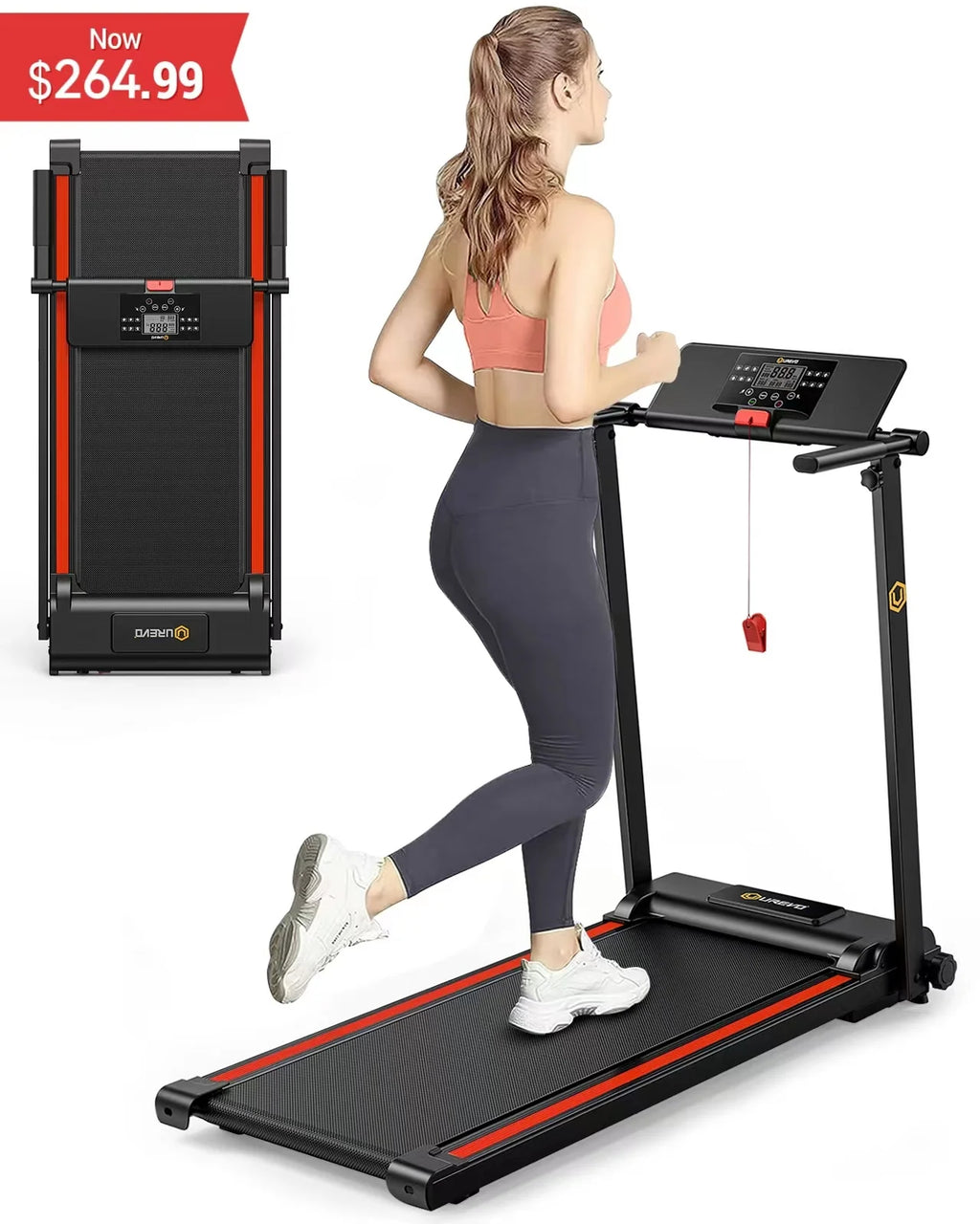 UREVO Folding Treadmill, 2.25HP Portable Mini Treadmills for Home Office, Compact Threadmill with 12 HIIT Modes, LCD Display, 265 lb Capacity