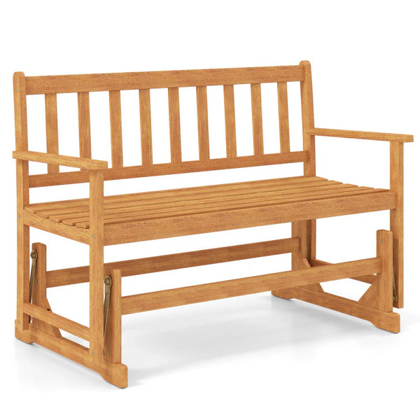 2-Person Patio Glider Bench, Solid Acacia Wood Porch Glider Chair with Slatted Backrest & Seat, Outdoor Glider Loveseat for Balcony Poolside Garden