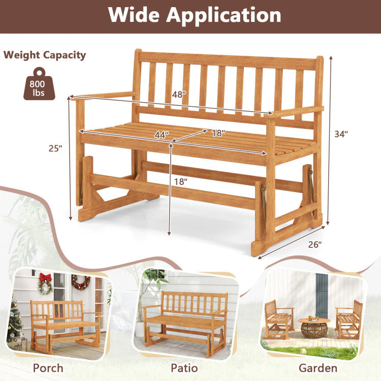 2-Person Patio Glider Bench, Solid Acacia Wood Porch Glider Chair with Slatted Backrest & Seat, Outdoor Glider Loveseat for Balcony Poolside Garden