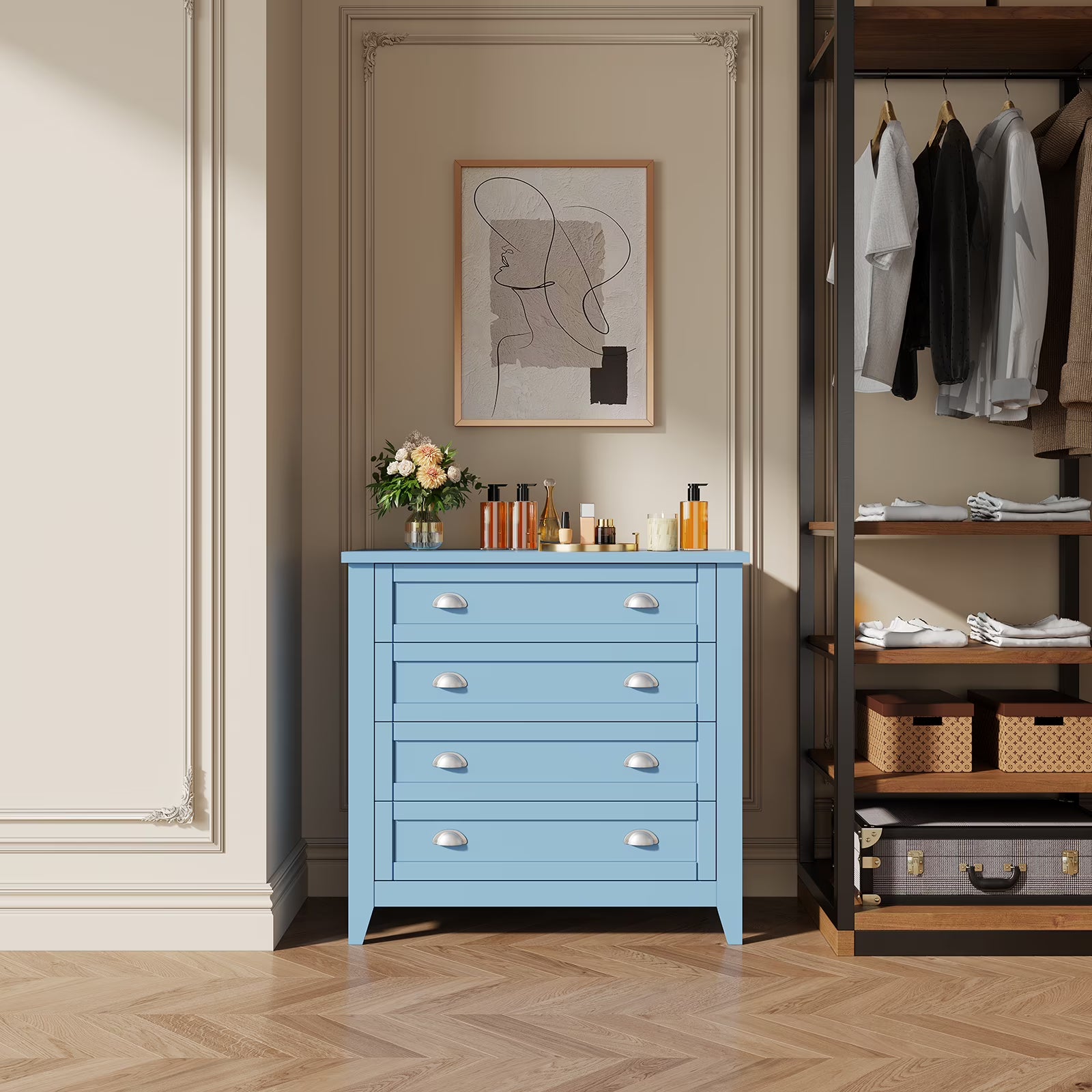 6 Drawer Dresser, Light Blue Elegant Chest of Drawers, Large Cabinet with Storage, Rustic Wood Chest of Drawers for Bedroom, Living Room, Hallway