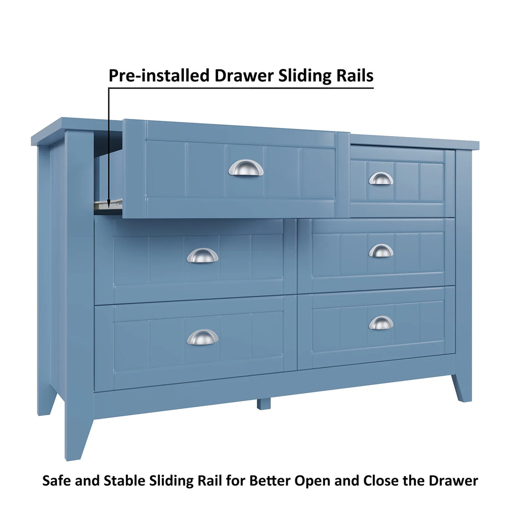 6 Drawer Dresser, Light Blue Elegant Chest of Drawers, Large Cabinet with Storage, Rustic Wood Chest of Drawers for Bedroom, Living Room, Hallway