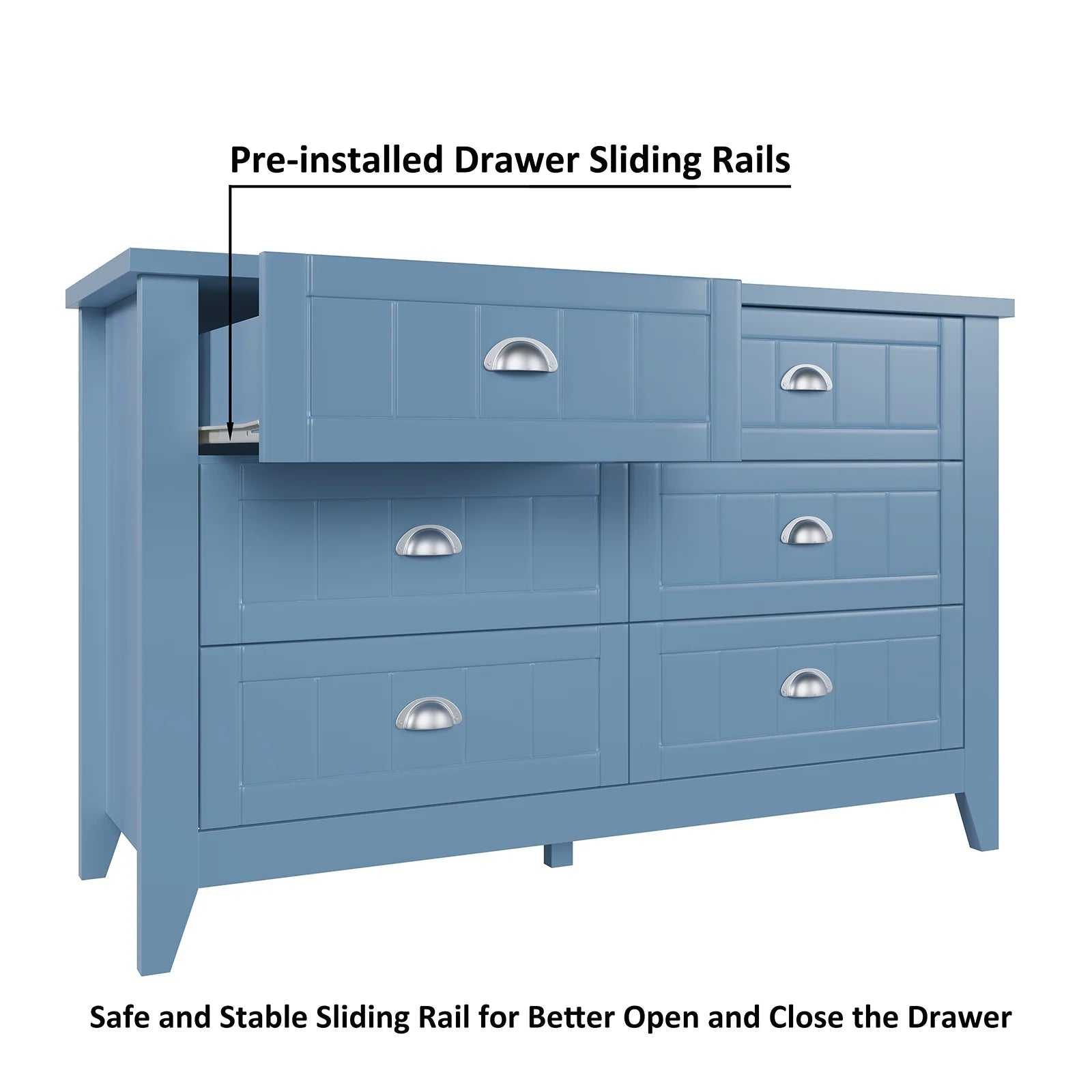 6 Drawer Dresser, Light Blue Elegant Chest of Drawers, Large Cabinet with Storage, Rustic Wood Chest of Drawers for Bedroom, Living Room, Hallway