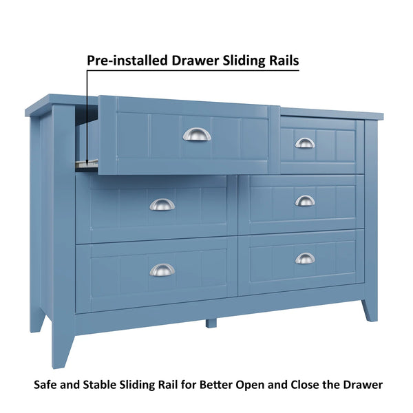 6 Drawer Dresser, Light Blue Elegant Chest of Drawers, Large Cabinet with Storage, Rustic Wood Chest of Drawers for Bedroom, Living Room, Hallway