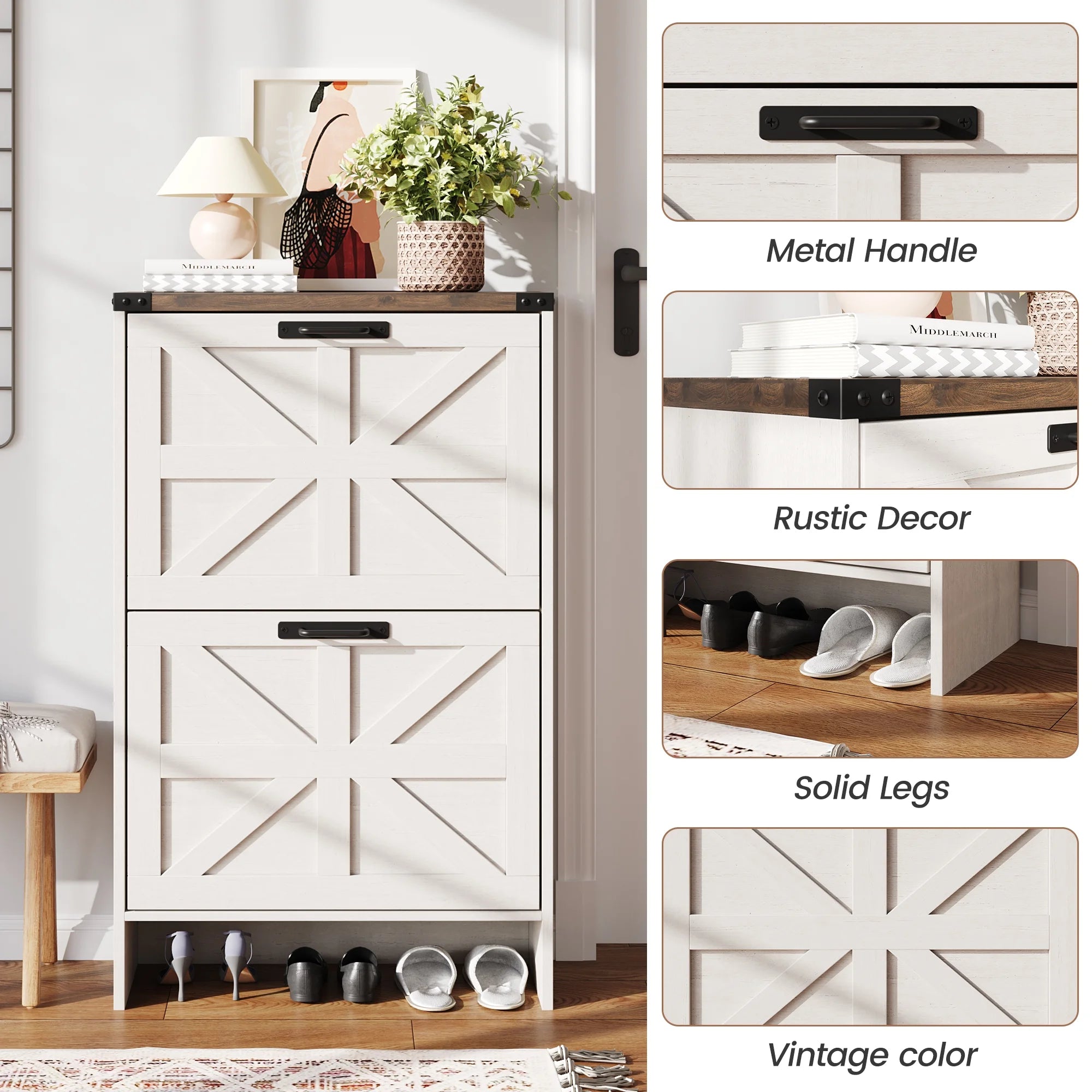 VEANERWOOD Shoes Storage Cabinet with Doors, Farmhouse Shoe Cabinet with 2 Flip Drawers for Entryway, Gray