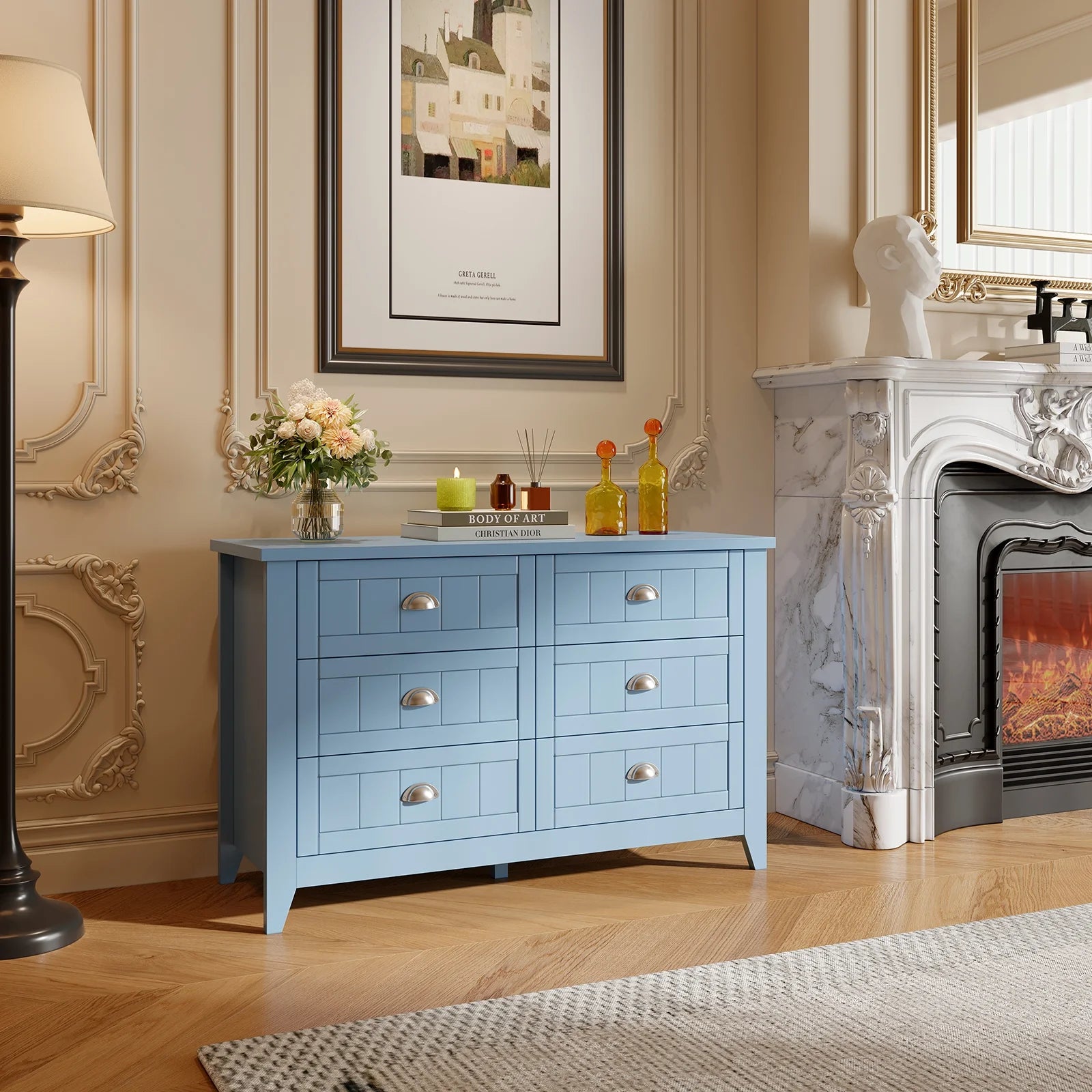 6 Drawer Dresser, Light Blue Elegant Chest of Drawers, Large Cabinet with Storage, Rustic Wood Chest of Drawers for Bedroom, Living Room, Hallway