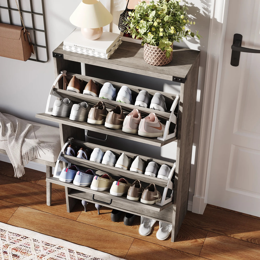 VEANERWOOD Shoes Storage Cabinet with Doors, Farmhouse Shoe Cabinet with 2 Flip Drawers for Entryway, Gray