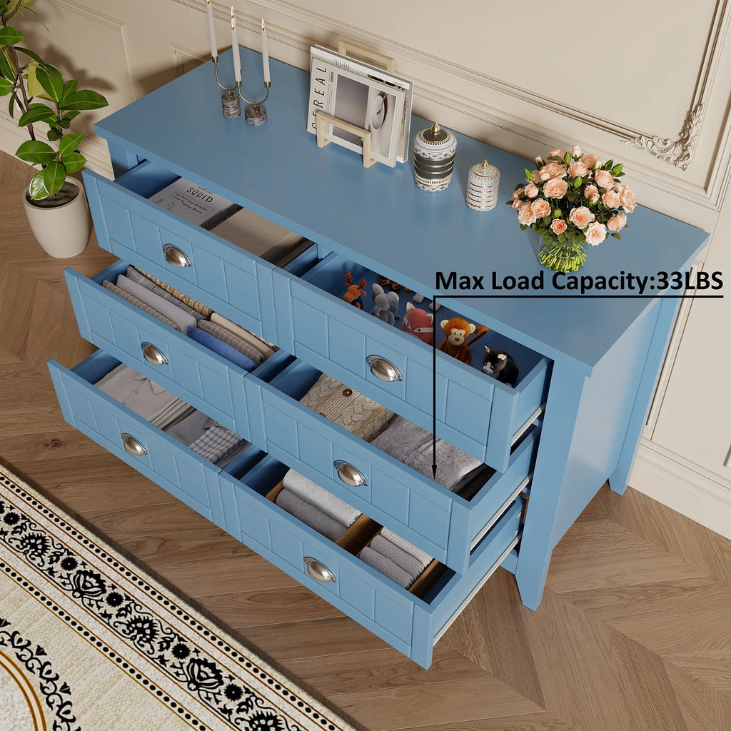 6 Drawer Dresser, Light Blue Elegant Chest of Drawers, Large Cabinet with Storage, Rustic Wood Chest of Drawers for Bedroom, Living Room, Hallway