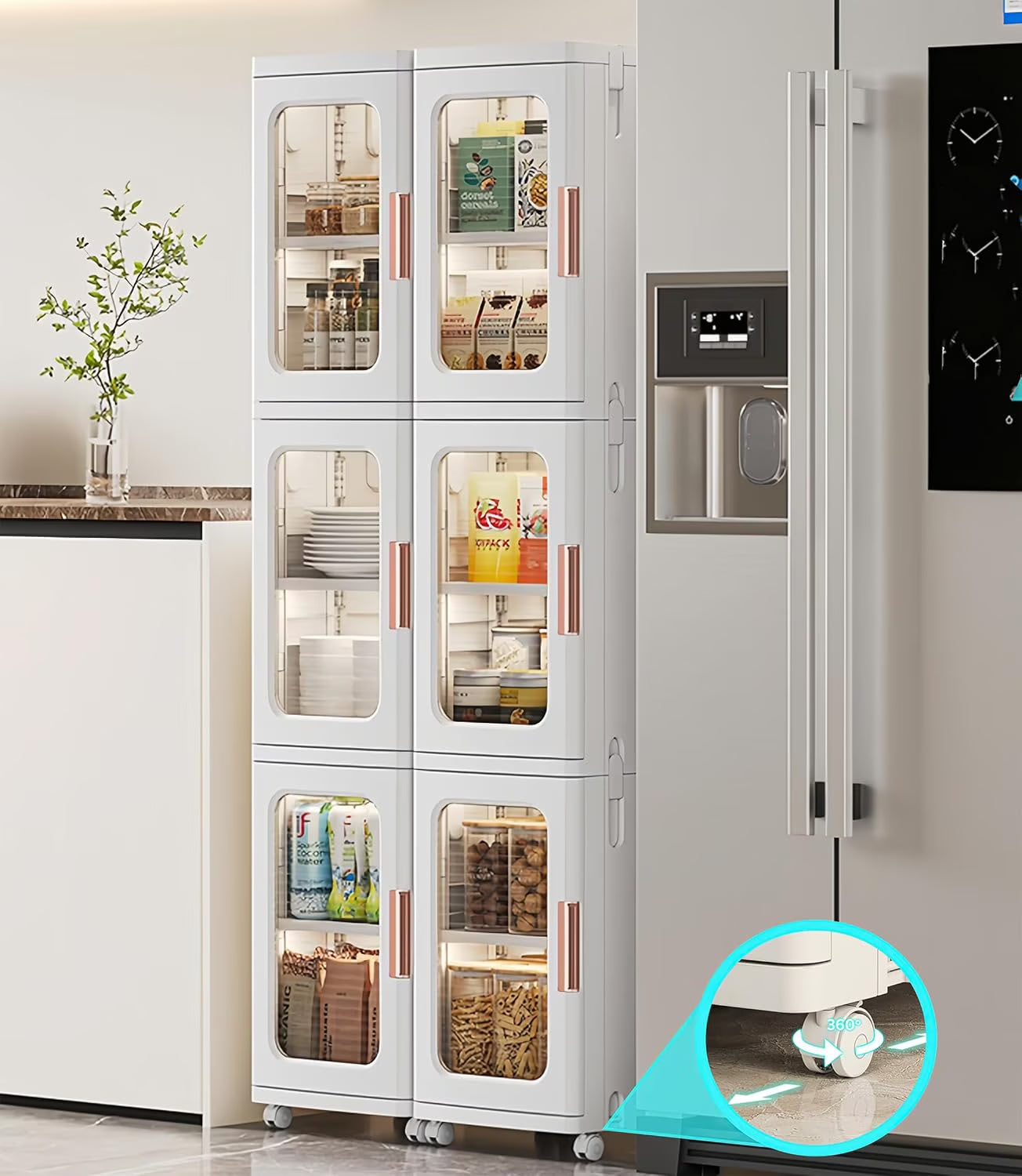 Slim Kitchen Pantry Storage Cabinet with Doors and Shelves, 3 - Tiers Plastic Narrow Storage Organizer Collapsible for Small Spaces, Bathroom, Living Room, Bedroom, White Main image