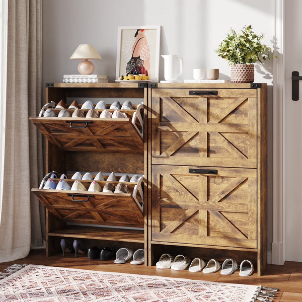 VEANERWOOD Shoes Storage Cabinet with Doors, Farmhouse Shoe Cabinet with 2 Flip Drawers for Entryway, Gray