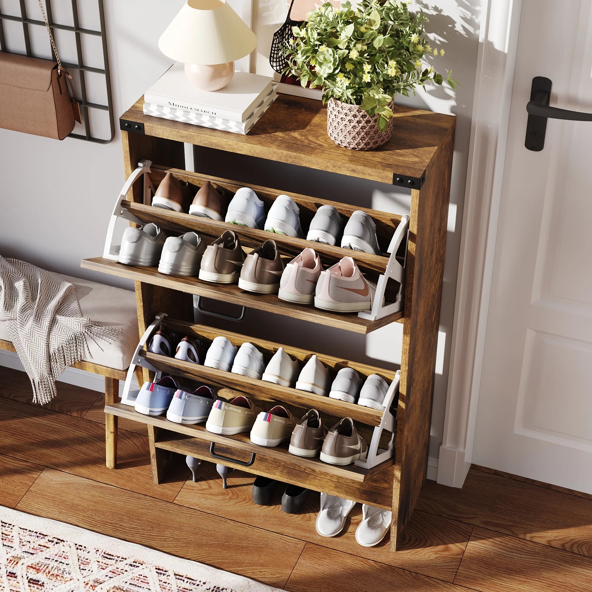 VEANERWOOD Shoes Storage Cabinet with Doors, Farmhouse Shoe Cabinet with 2 Flip Drawers for Entryway, Gray