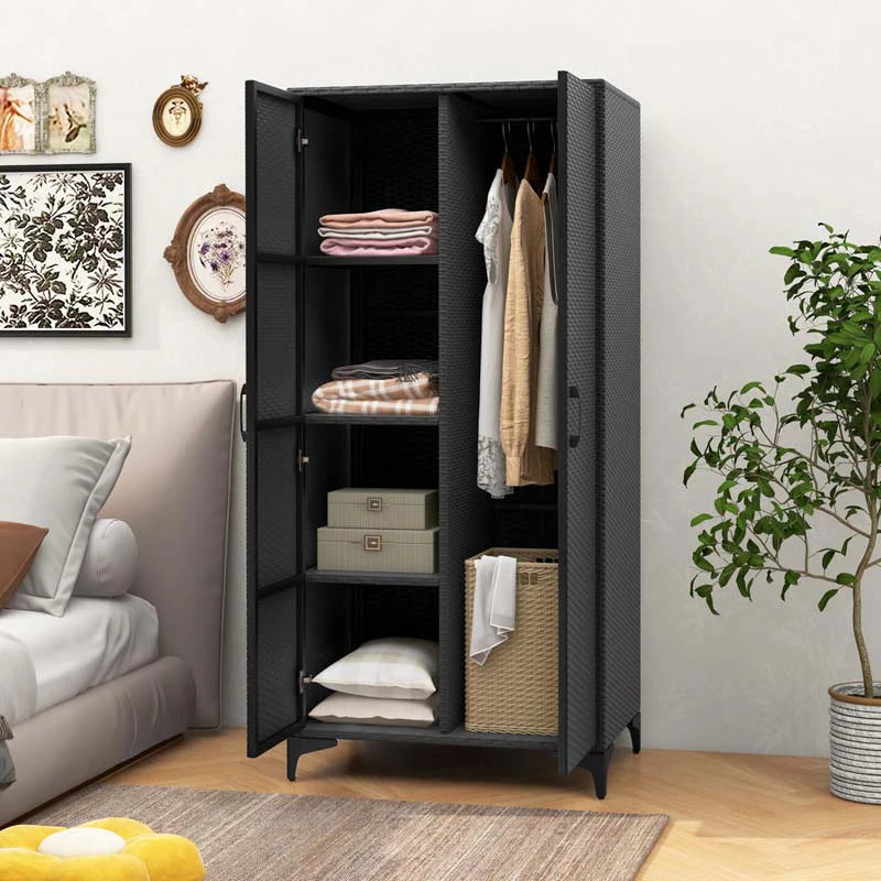 62" Tall PE Rattan Wicker Wardrobe Closet Storage Cabinet with 2 Doors, Hanging Rod, 4 Storage Cubes, Metal Legs, Anti-tipping Device Secondary image