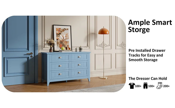 6 Drawer Dresser, Light Blue Elegant Chest of Drawers, Large Cabinet with Storage, Rustic Wood Chest of Drawers for Bedroom, Living Room, Hallway