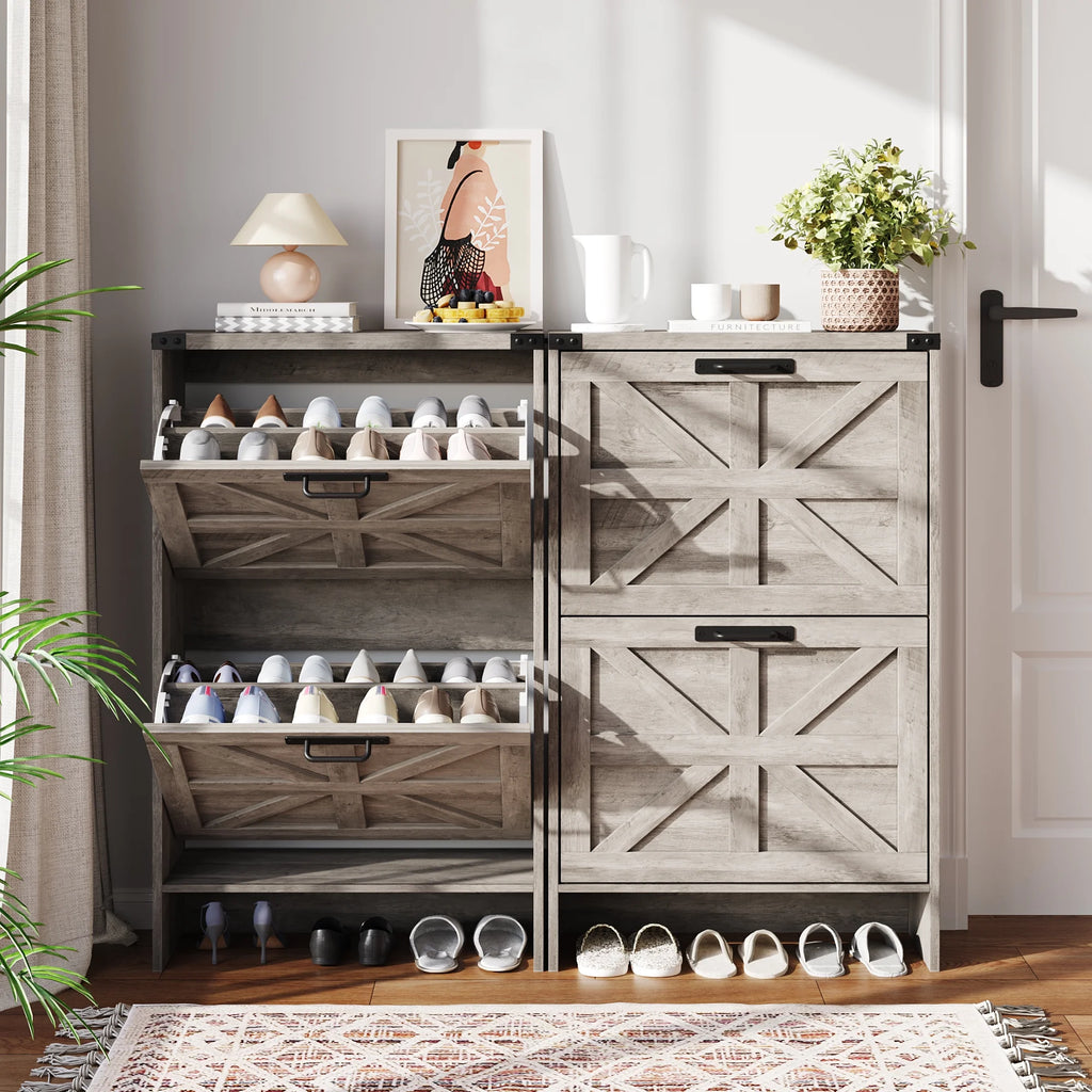 VEANERWOOD Shoes Storage Cabinet with Doors, Farmhouse Shoe Cabinet with 2 Flip Drawers for Entryway, Gray
