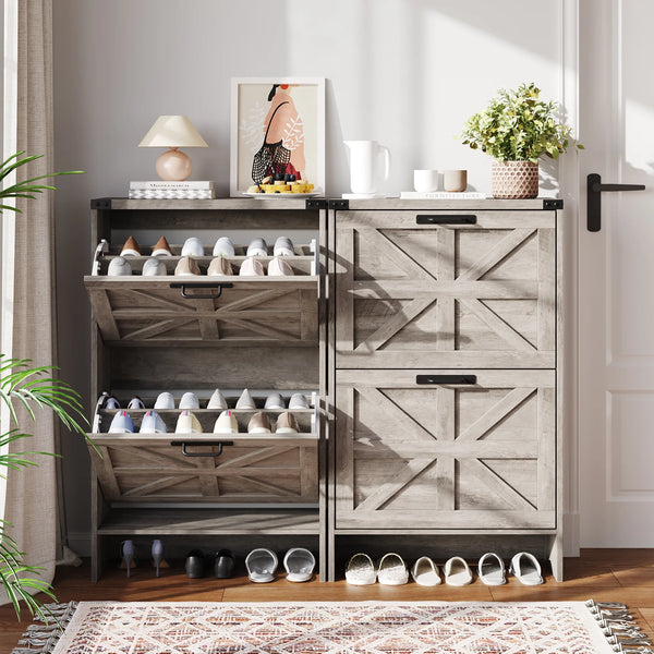 VEANERWOOD Shoes Storage Cabinet with Doors, Farmhouse Shoe Cabinet with 2 Flip Drawers for Entryway, Gray