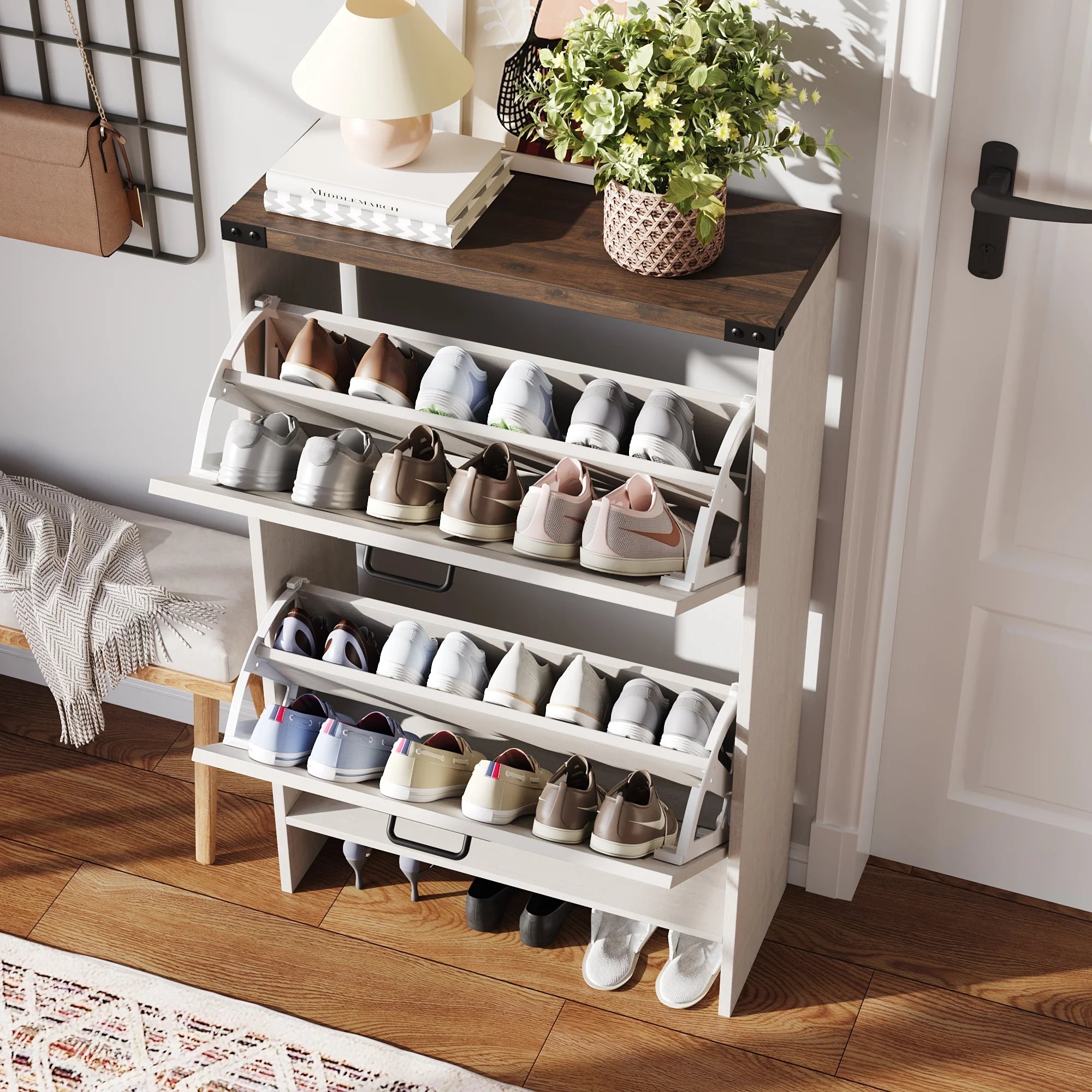 VEANERWOOD Shoes Storage Cabinet with Doors, Farmhouse Shoe Cabinet with 2 Flip Drawers for Entryway, Gray