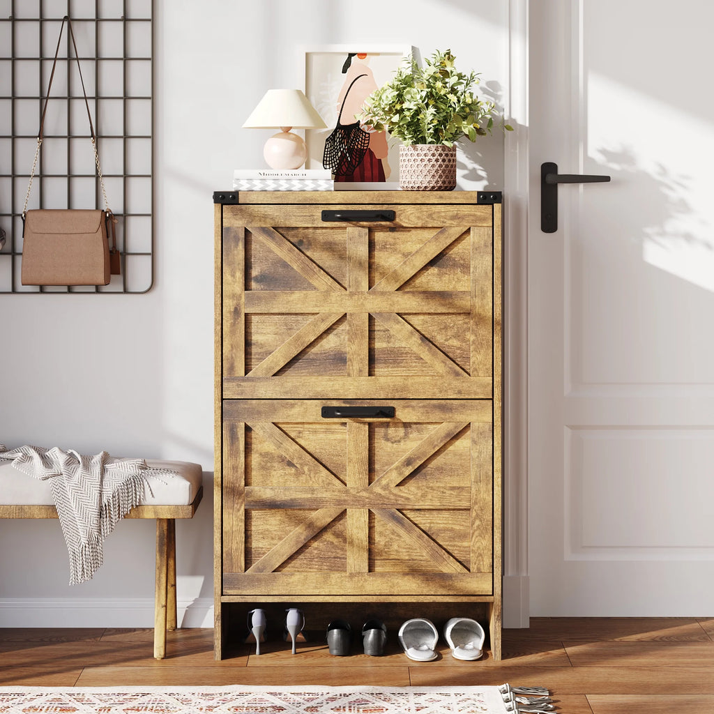 VEANERWOOD Shoes Storage Cabinet with Doors, Farmhouse Shoe Cabinet with 2 Flip Drawers for Entryway, Gray