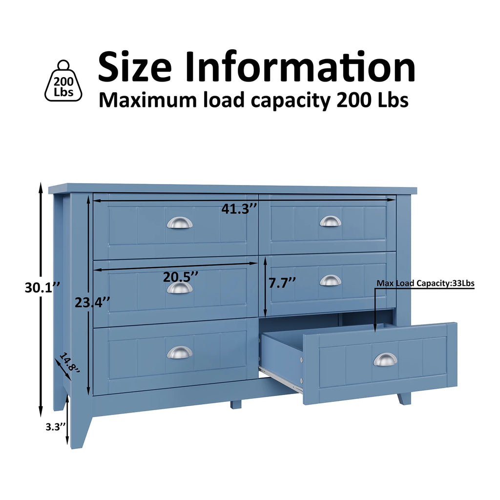 6 Drawer Dresser, Light Blue Elegant Chest of Drawers, Large Cabinet with Storage, Rustic Wood Chest of Drawers for Bedroom, Living Room, Hallway