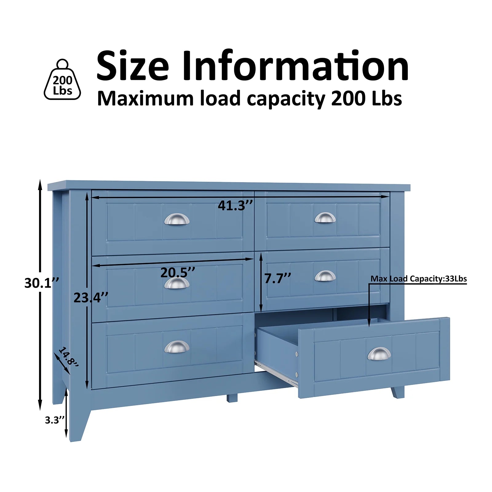 6 Drawer Dresser, Light Blue Elegant Chest of Drawers, Large Cabinet with Storage, Rustic Wood Chest of Drawers for Bedroom, Living Room, Hallway