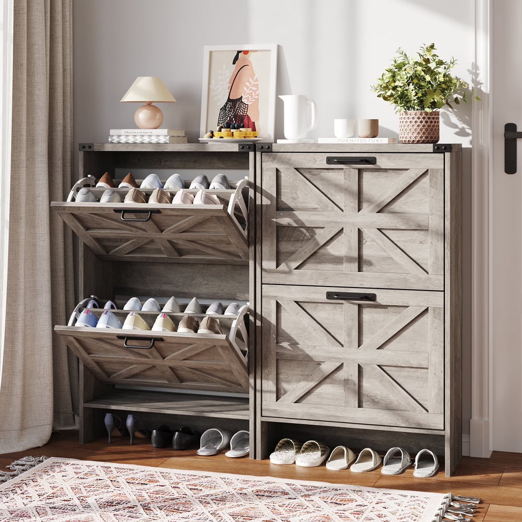 VEANERWOOD Shoes Storage Cabinet with Doors, Farmhouse Shoe Cabinet with 2 Flip Drawers for Entryway, Gray