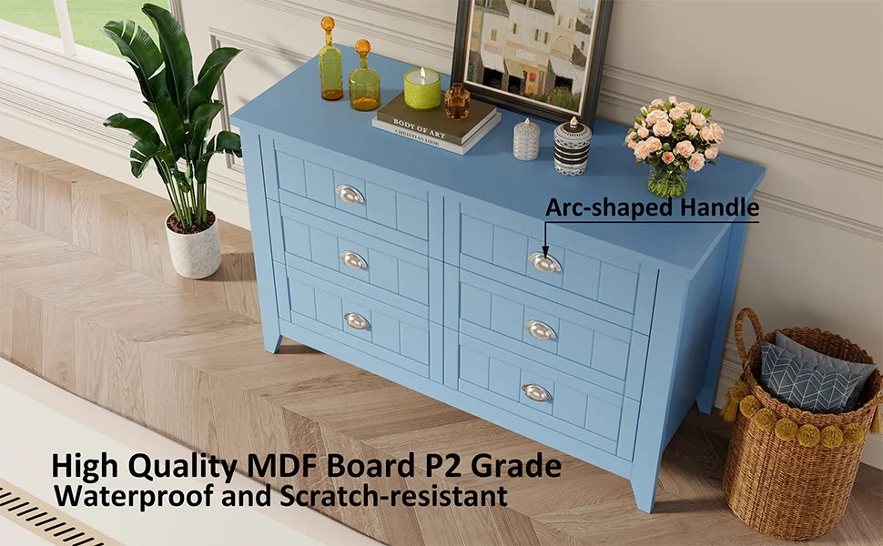 6 Drawer Dresser, Light Blue Elegant Chest of Drawers, Large Cabinet with Storage, Rustic Wood Chest of Drawers for Bedroom, Living Room, Hallway
