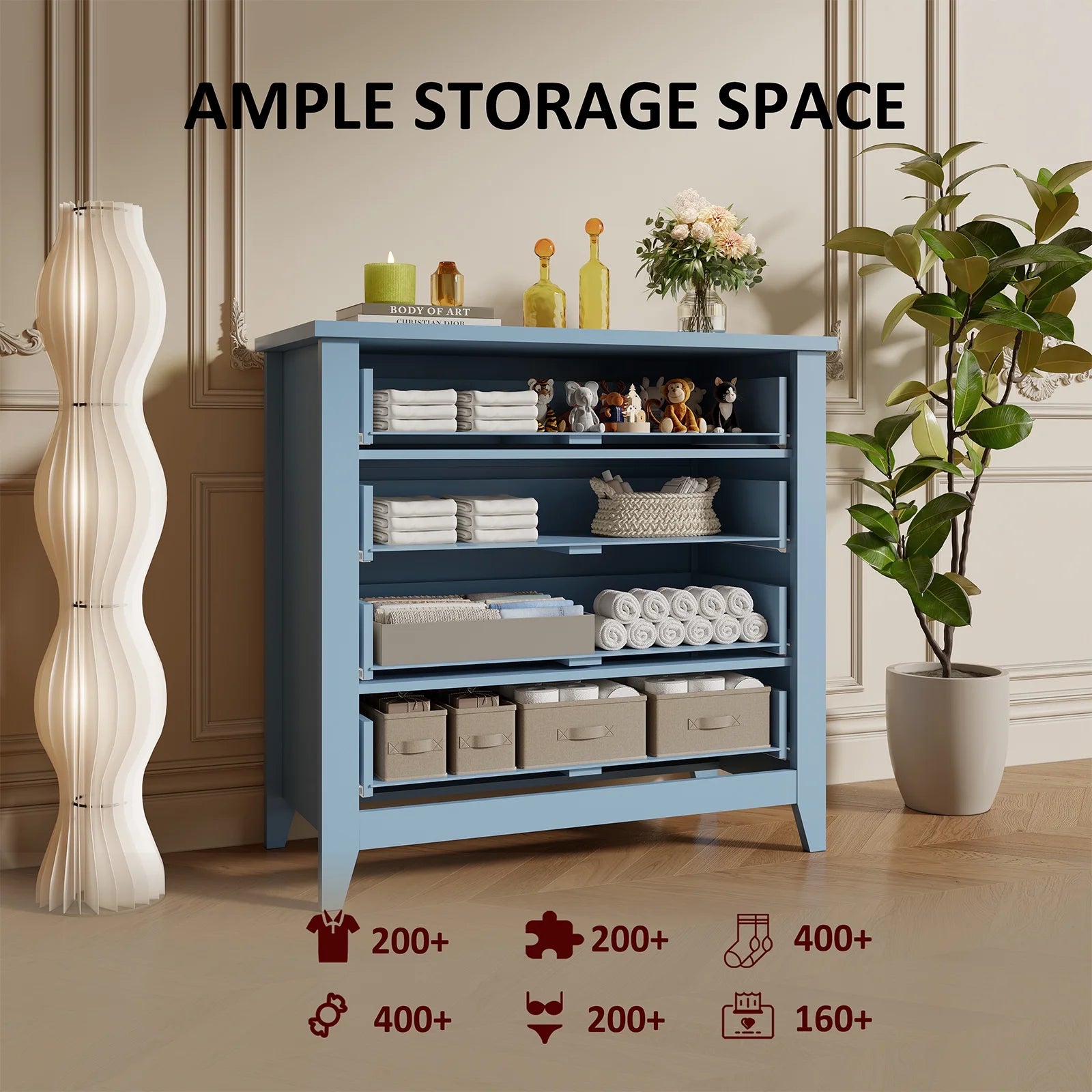 6 Drawer Dresser, Light Blue Elegant Chest of Drawers, Large Cabinet with Storage, Rustic Wood Chest of Drawers for Bedroom, Living Room, Hallway