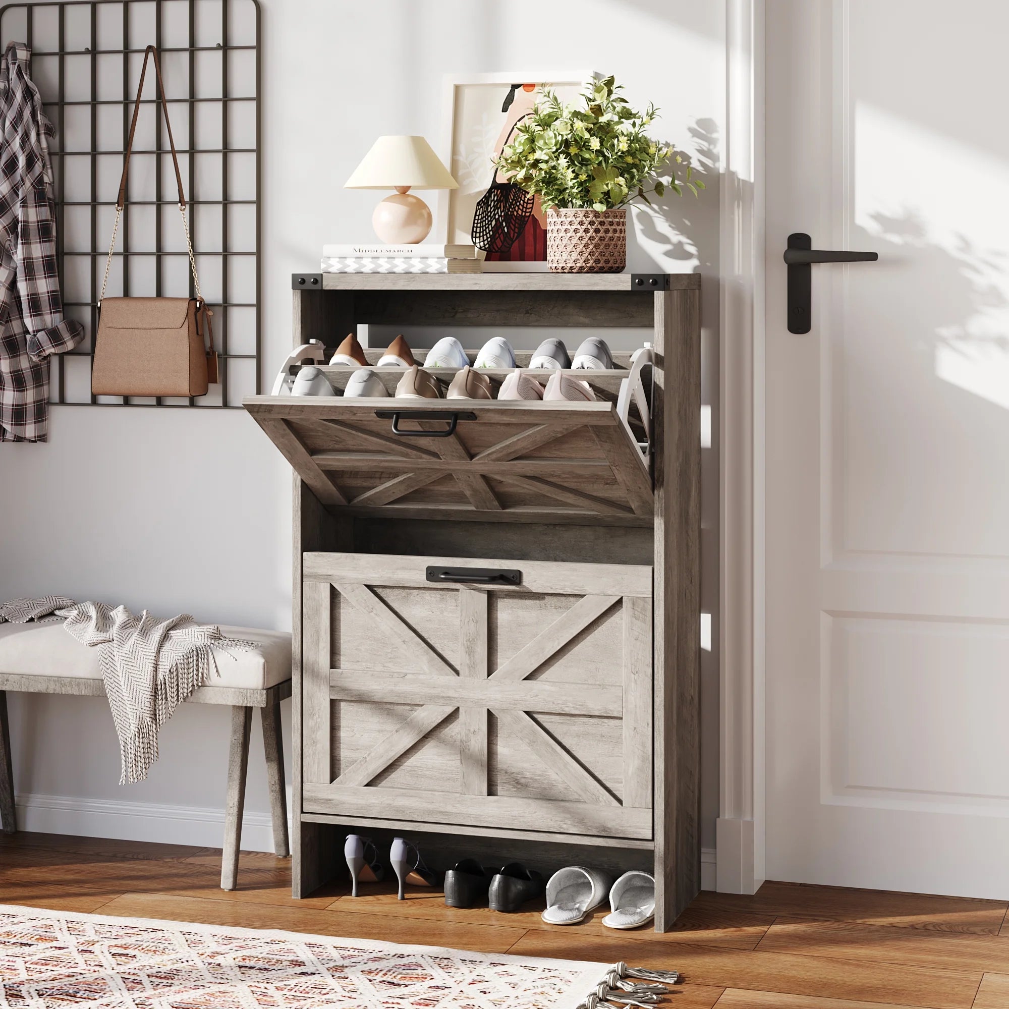 VEANERWOOD Shoes Storage Cabinet with Doors, Farmhouse Shoe Cabinet with 2 Flip Drawers for Entryway, Gray