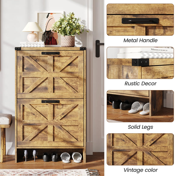 VEANERWOOD Shoes Storage Cabinet with Doors, Farmhouse Shoe Cabinet with 2 Flip Drawers for Entryway, Gray