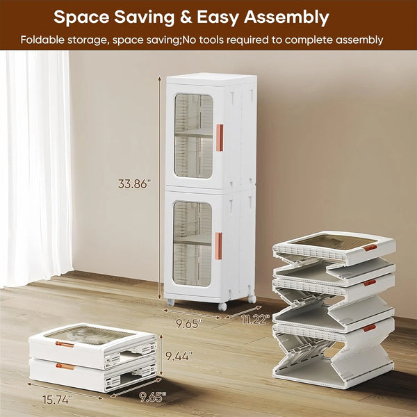 Slim Kitchen Pantry Storage Cabinet with Doors and Shelves, 3 - Tiers Plastic Narrow Storage Organizer Collapsible for Small Spaces, Bathroom, Living Room, Bedroom, White