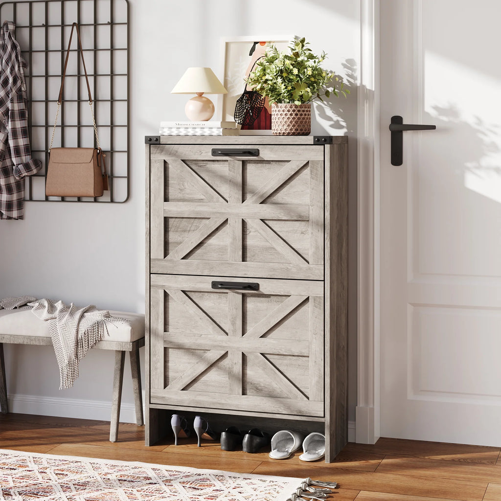 VEANERWOOD Shoes Storage Cabinet with Doors, Farmhouse Shoe Cabinet with 2 Flip Drawers for Entryway, Gray