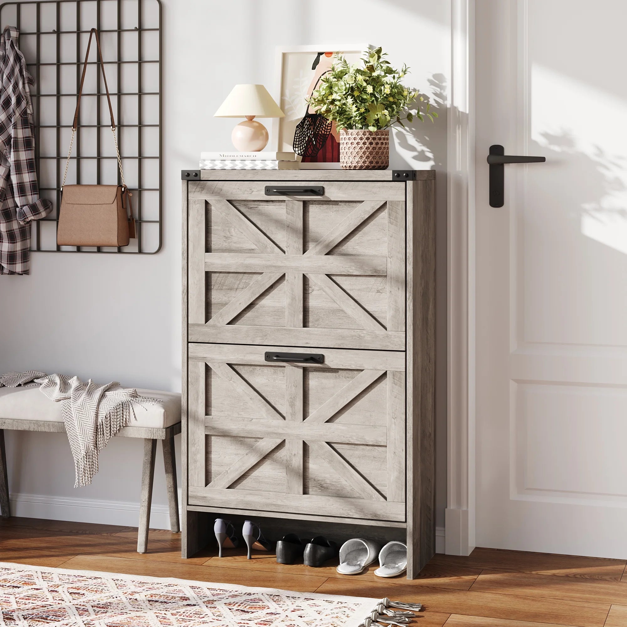 VEANERWOOD Shoes Storage Cabinet with Doors, Farmhouse Shoe Cabinet with 2 Flip Drawers for Entryway, Gray