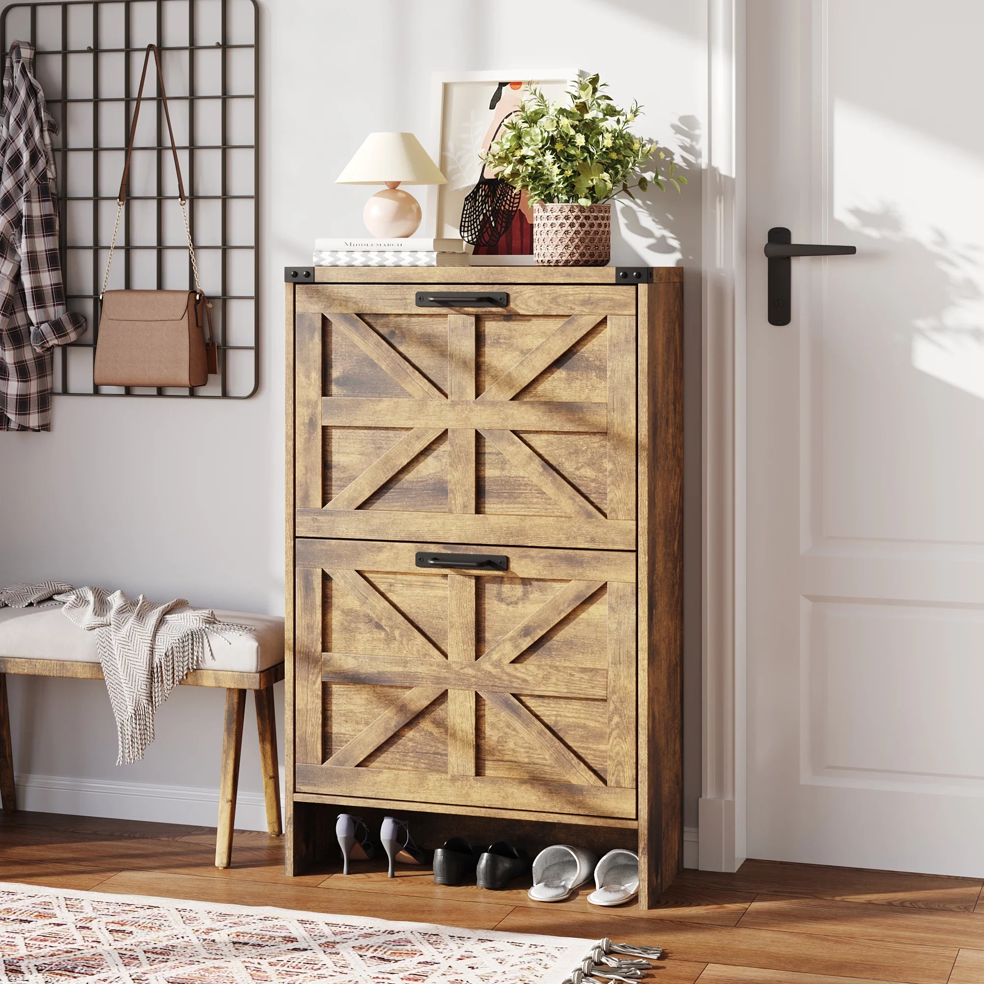 VEANERWOOD Shoes Storage Cabinet with Doors, Farmhouse Shoe Cabinet with 2 Flip Drawers for Entryway, Gray