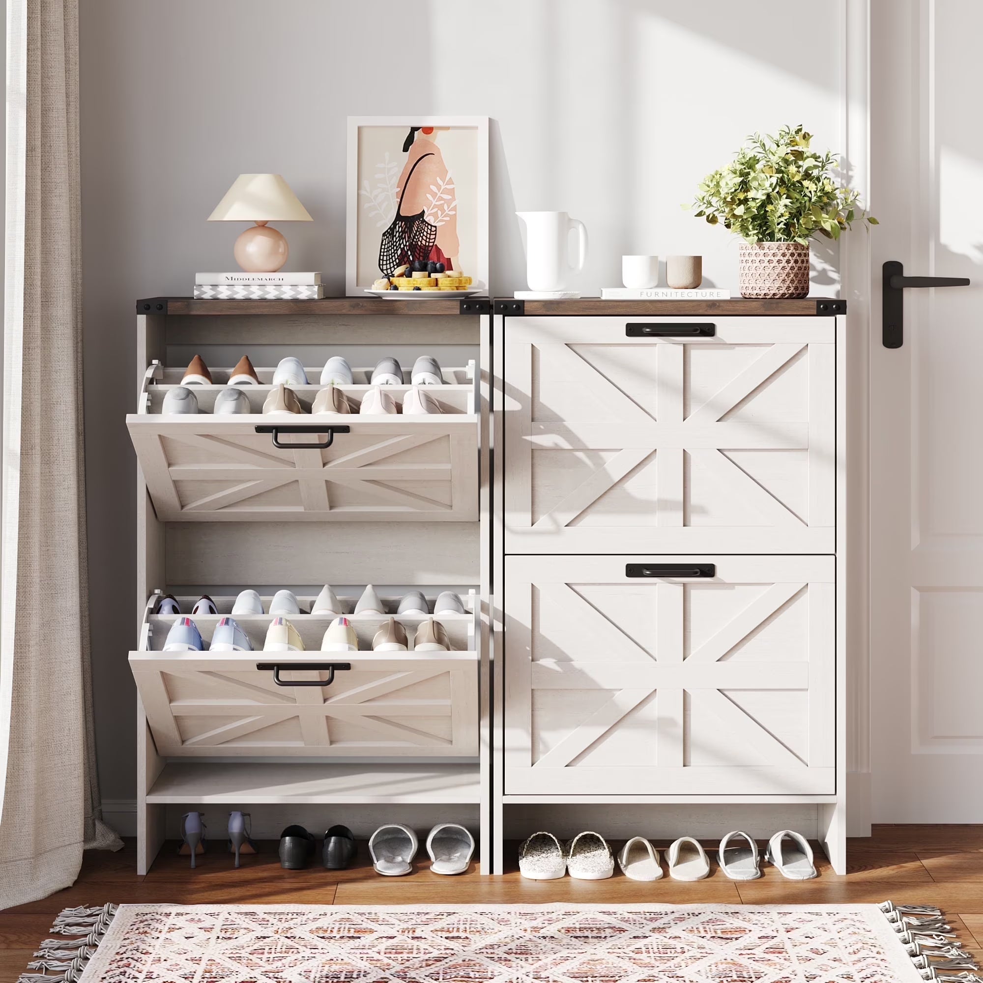 VEANERWOOD Shoes Storage Cabinet with Doors, Farmhouse Shoe Cabinet with 2 Flip Drawers for Entryway, Gray Main image