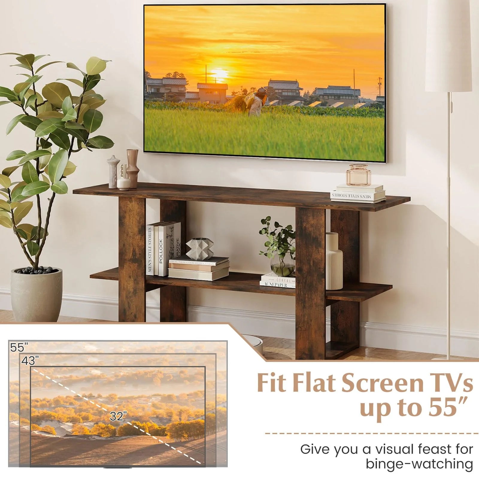 Tangkula 2-Tier TV Stand with Storage for TVs up to 55 Inch Console Table with Open Shelf