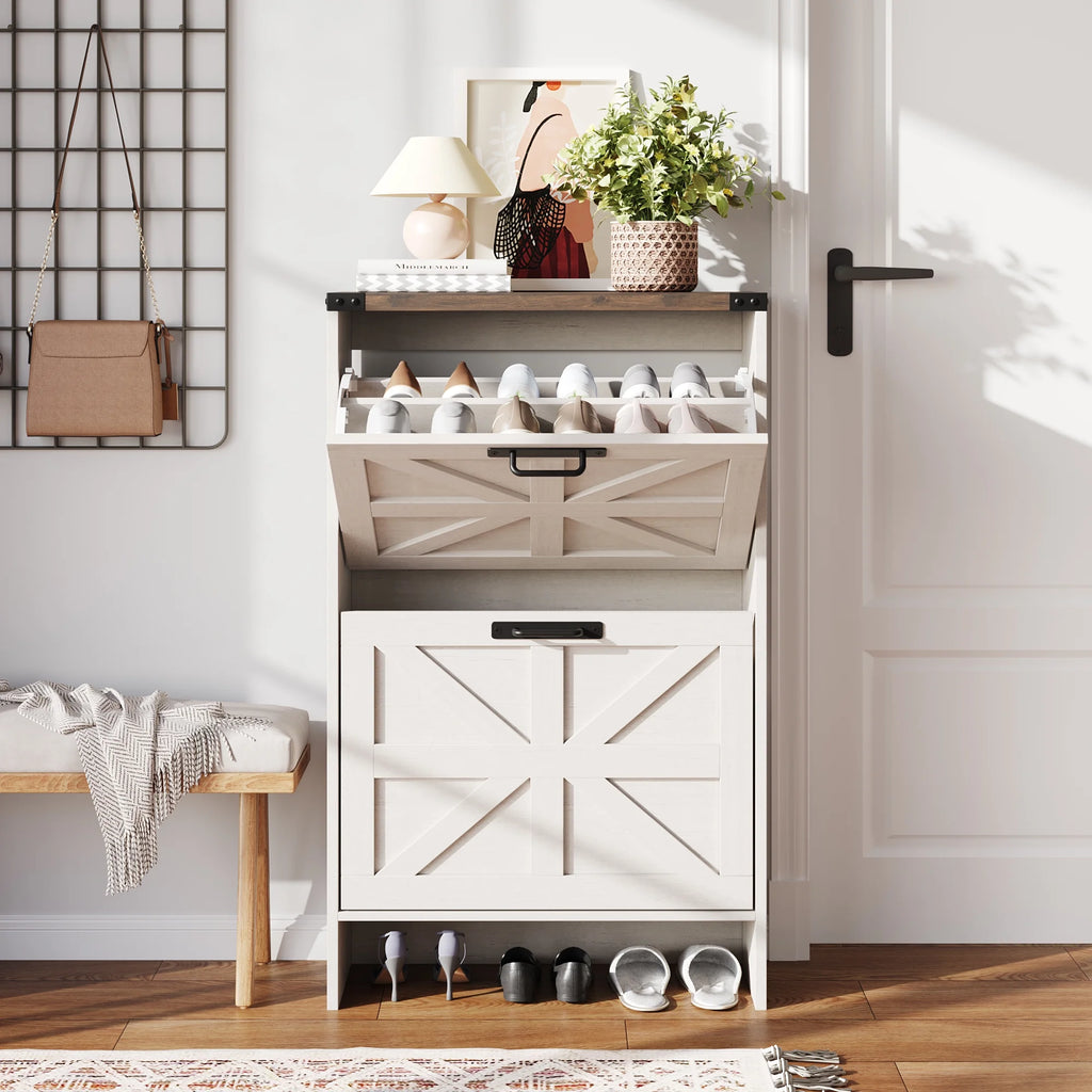 VEANERWOOD Shoes Storage Cabinet with Doors, Farmhouse Shoe Cabinet with 2 Flip Drawers for Entryway, Gray