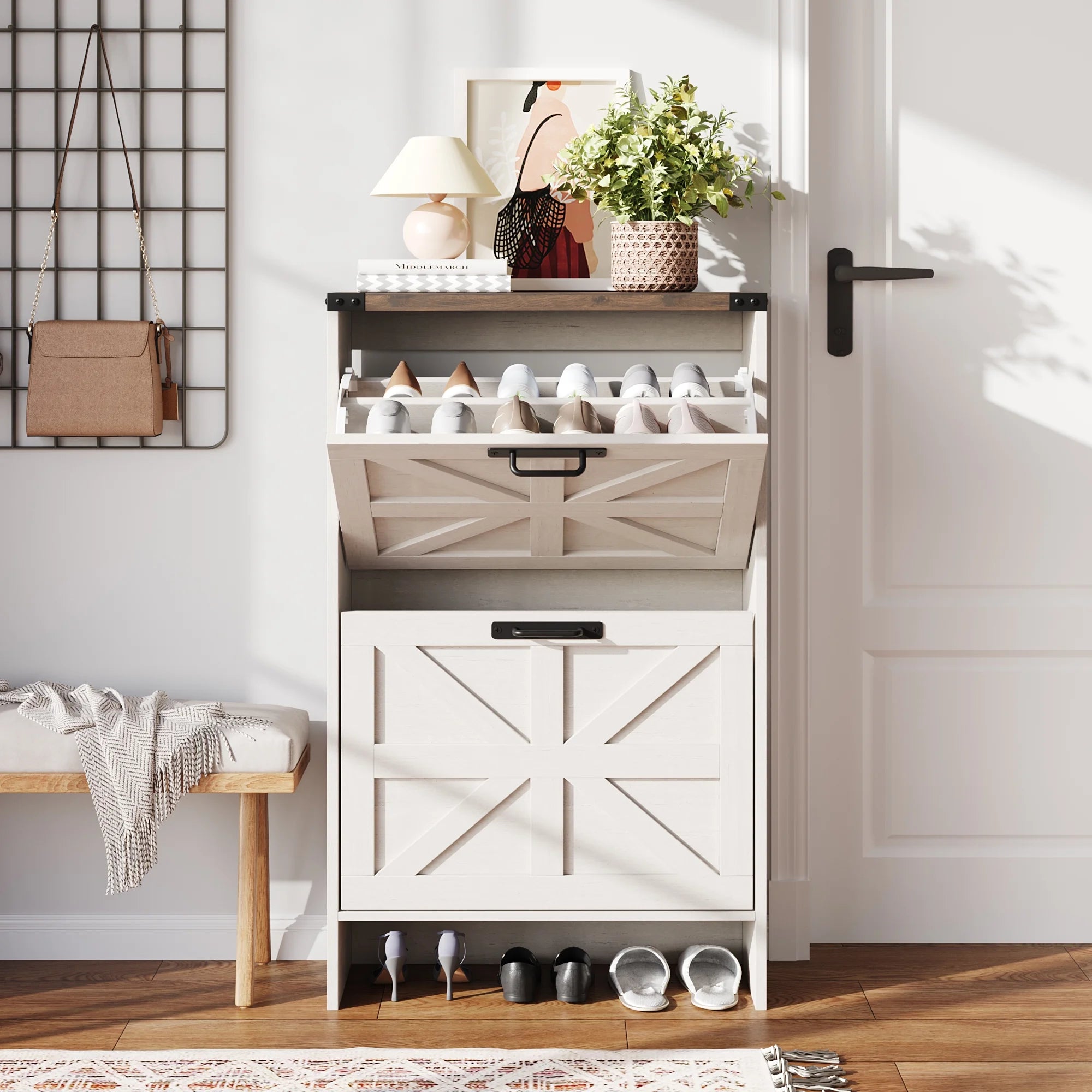 VEANERWOOD Shoes Storage Cabinet with Doors, Farmhouse Shoe Cabinet with 2 Flip Drawers for Entryway, Gray