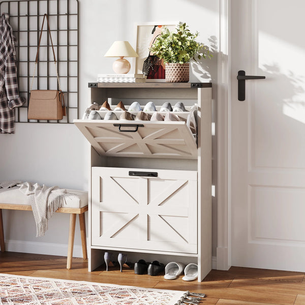 VEANERWOOD Shoes Storage Cabinet with Doors, Farmhouse Shoe Cabinet with 2 Flip Drawers for Entryway, Gray