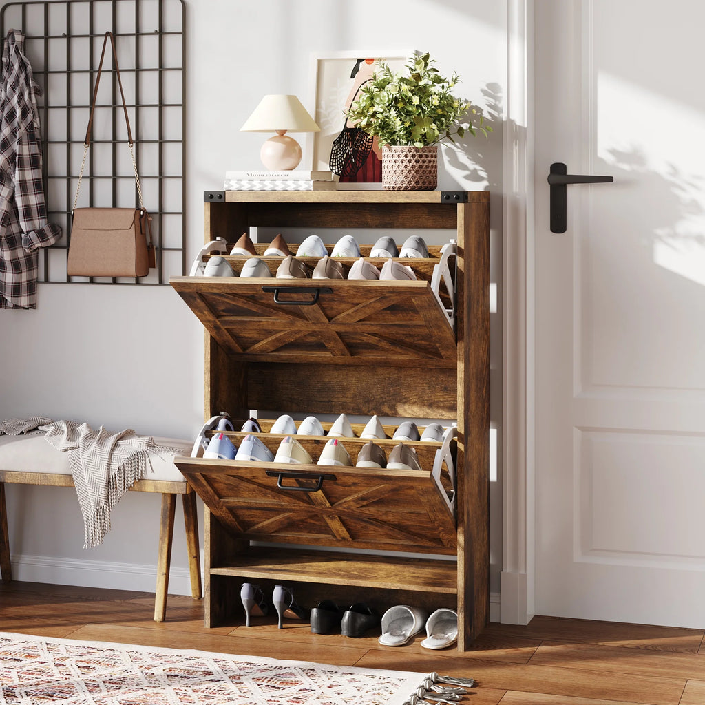 VEANERWOOD Shoes Storage Cabinet with Doors, Farmhouse Shoe Cabinet with 2 Flip Drawers for Entryway, Gray